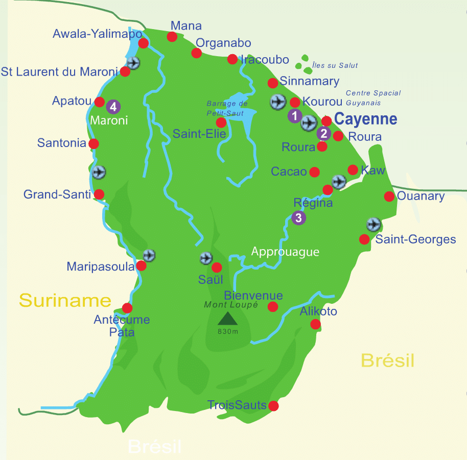 carte des lieux à visiter en Guyane 