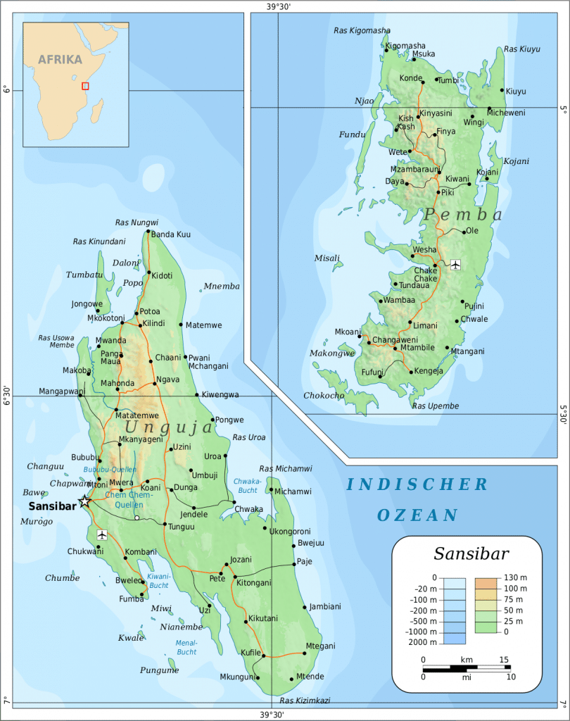 Carte de l'archipel de Zanzibar :Unguja et Pemba